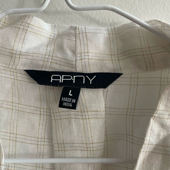 APNY Ivory 100% Linen Short Sleeve Top Check L Womens Old Money Classic Preppy - Picture 6 of 9